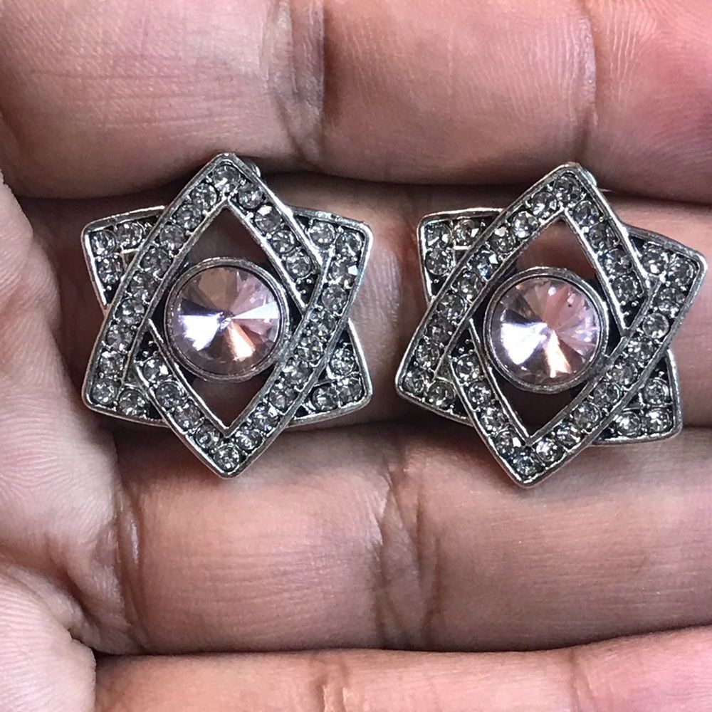 Vintage Silver and Blush Pink Crystal Star Gemstone Rhinestone Earrings